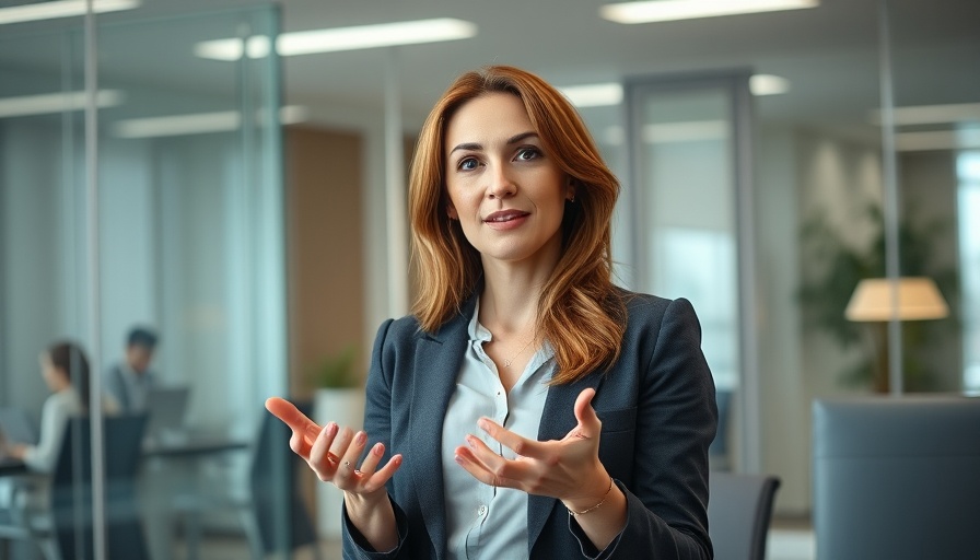 Confident professional woman discussing in a modern office setting.