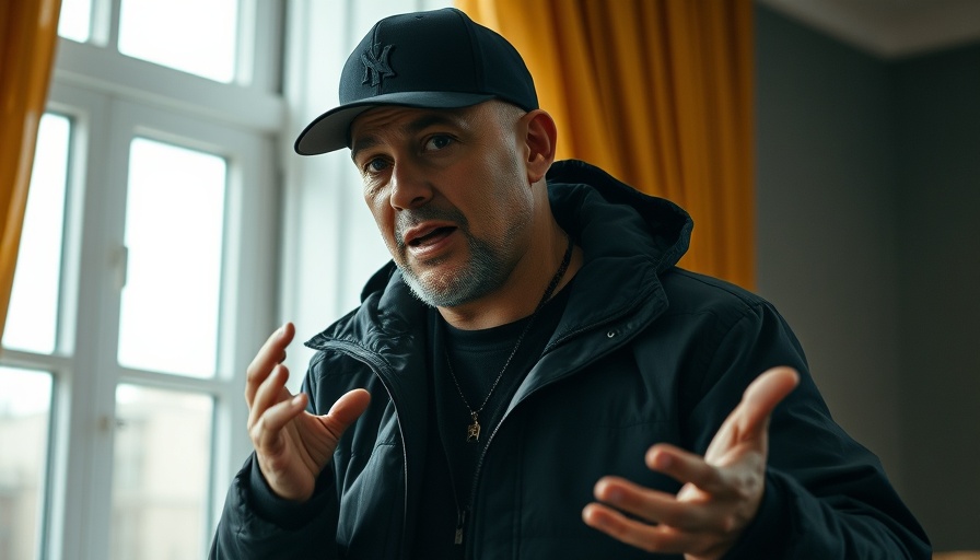 Man gesturing indoors in a black jacket and cap.