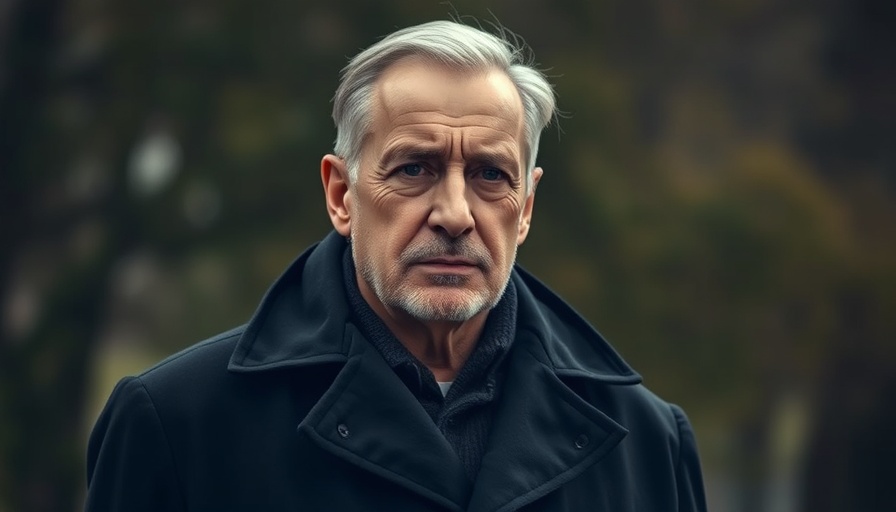 Thoughtful man outdoors in black coat with clasped hands