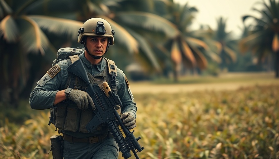 Soldier in tactical gear patrols a tropical field, military leadership lessons.