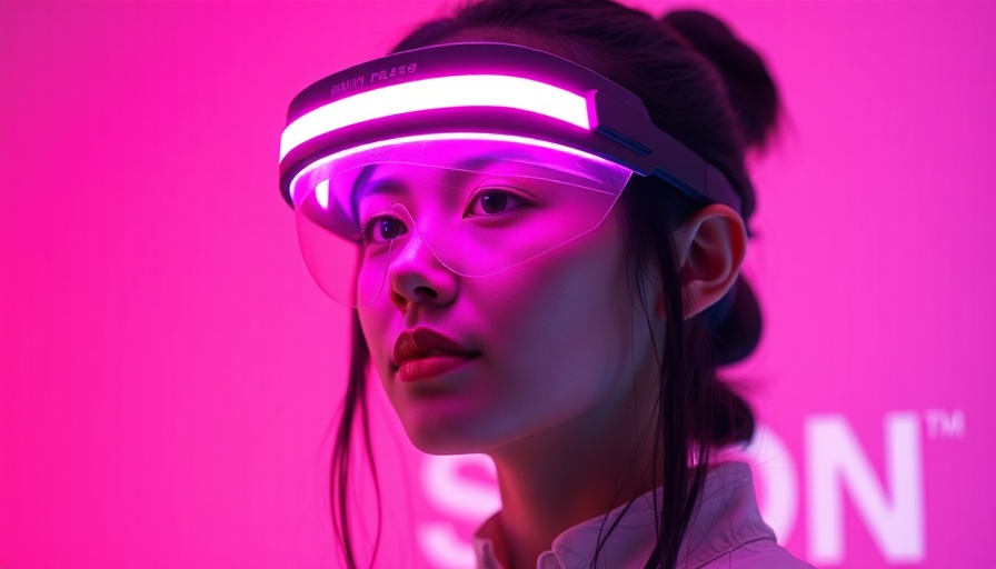 AI Tasking: Woman with LED visor promoting productivity tools.