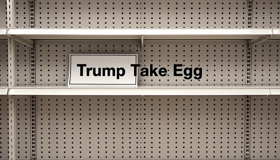 Trump take egg sign on empty store shelf, metal pegboard.