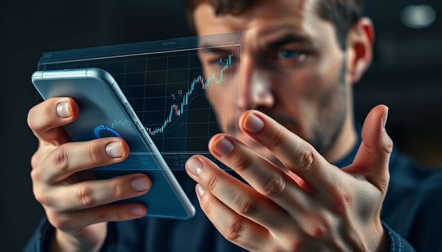 Hands holding transparent screen with stock graph, investing like a gambler