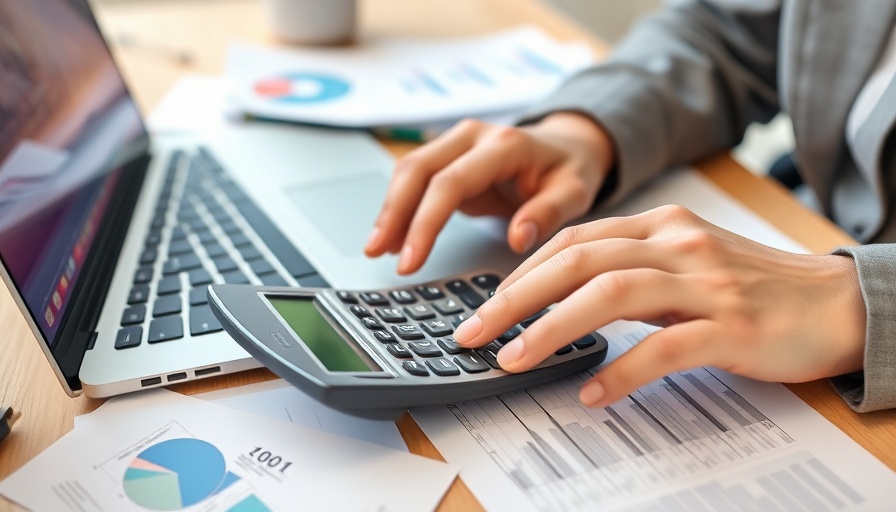 Close-up of hands on calculator and laptop, filing taxes early.