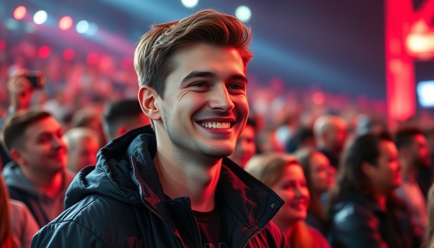 Young man smiling at event with red lighting crowd.