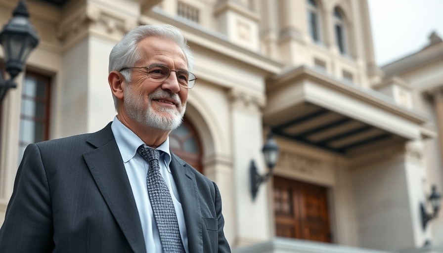 Confident gentleman outside elegant government building, symbolizing government efficiency.