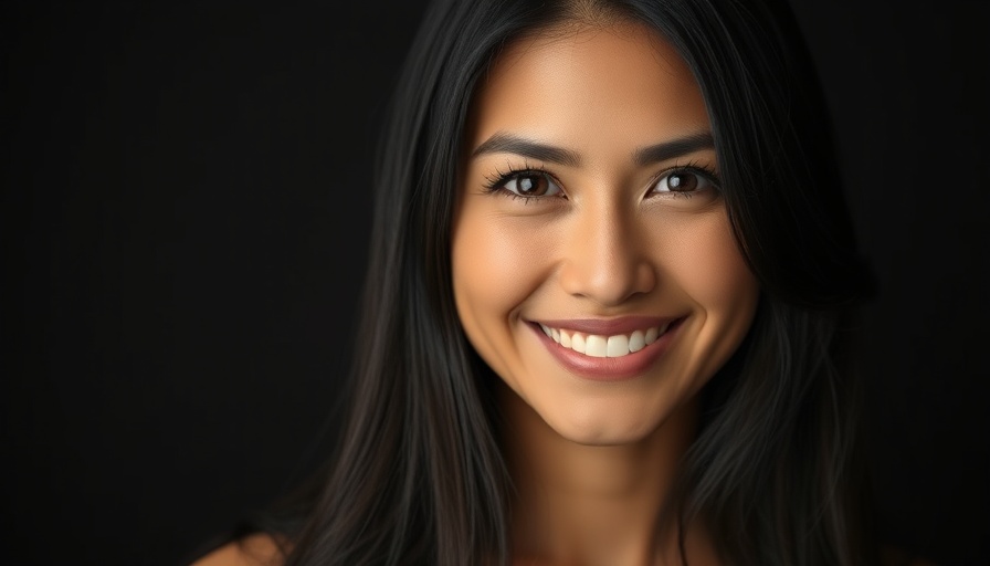 Portrait of a smiling woman with long black hair under studio lighting.