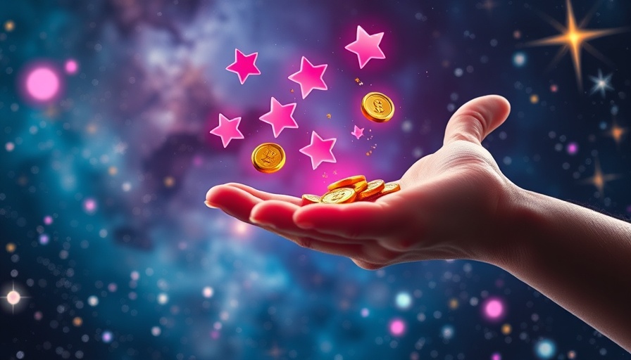 Futuristic hand catching stars and coins in cosmic backdrop representing corporate philanthropy.