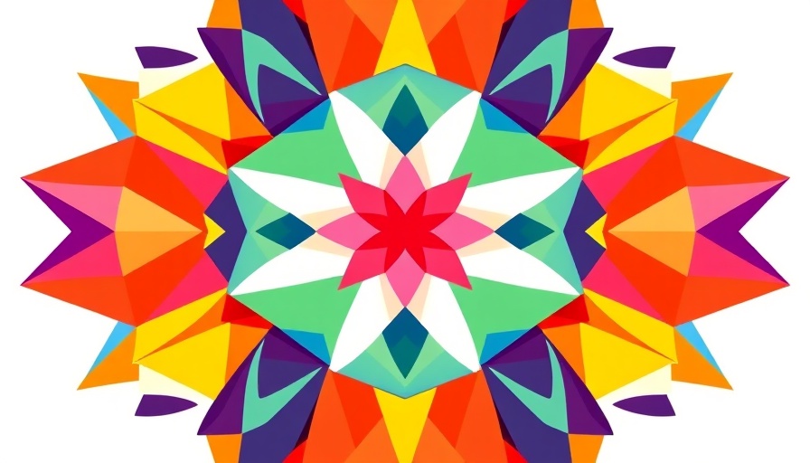 Symmetrical geometric shapes balance art in cartoon style, vibrant colors.