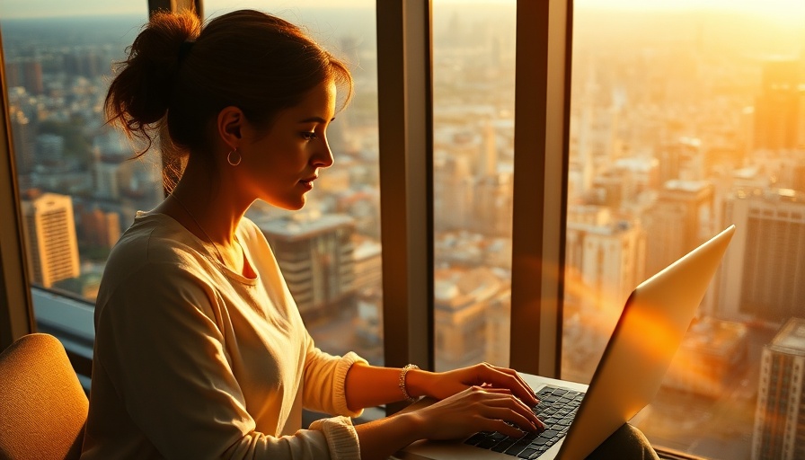 Silhouetted woman using laptop by window at sunset, city view.