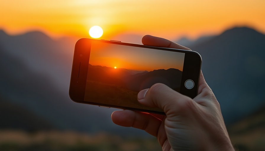 Consumers connected through smartphone reflecting sunset in mountains.