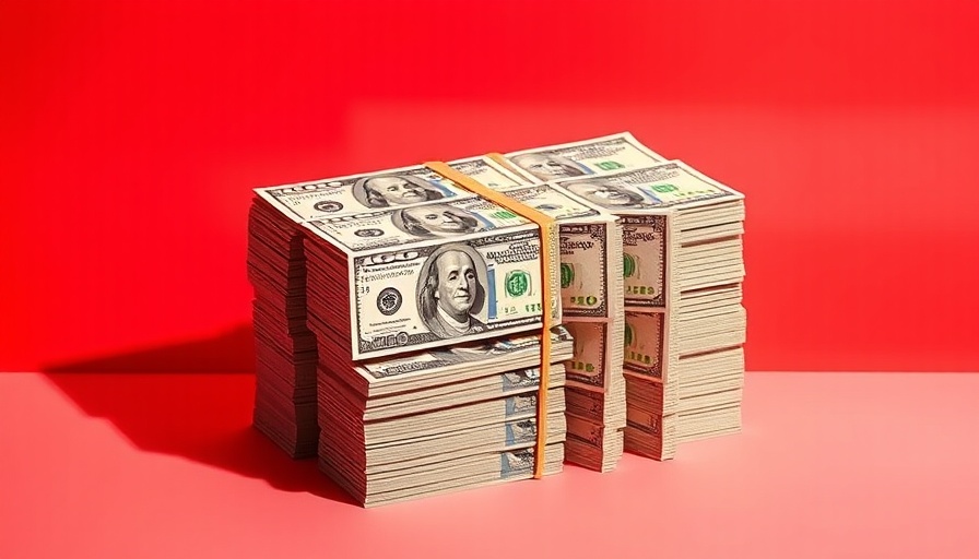 Stacks of 100-dollar bills in a striking red and white setting.