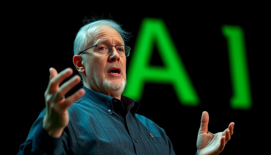 Elderly man in black jacket discusses AI with expressive gestures.