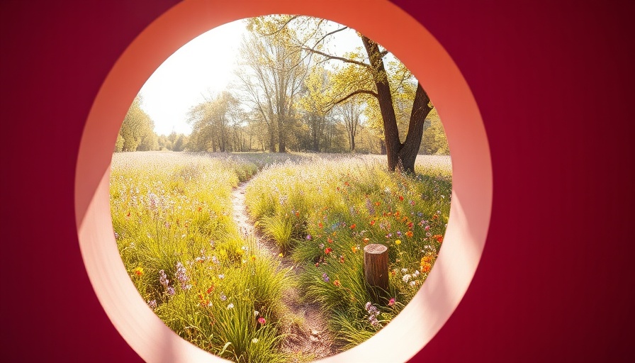 Keyhole view of meadow through pink frame, AI in renewable energy.