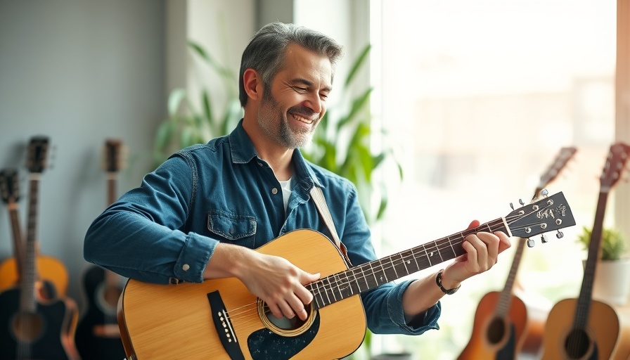 Middle-aged man teaching guitar indoors with natural light.