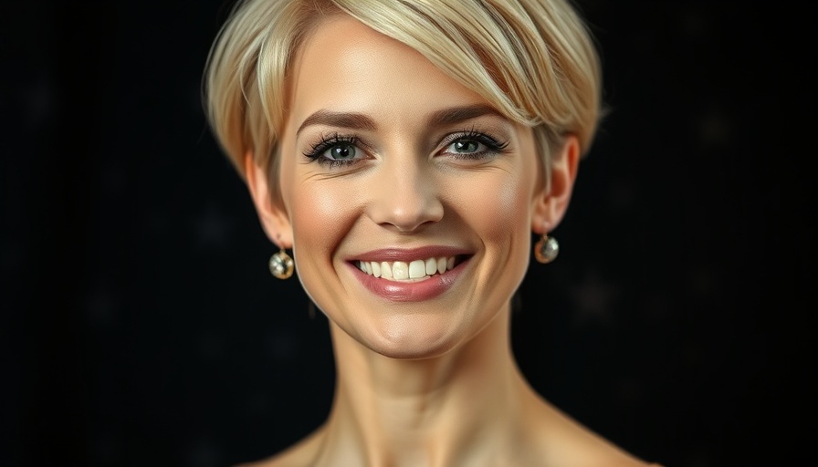 Midlife woman smiling confidently at Hollywood event.