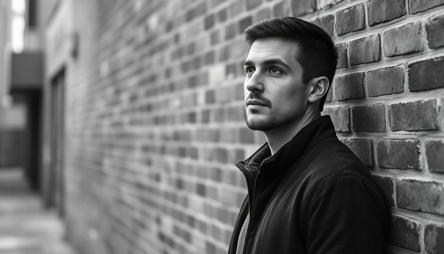 Pensive man standing against a brick wall, deep in thought.