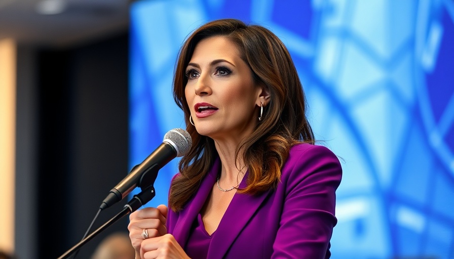 Confident woman in purple blazer speaking at conference.