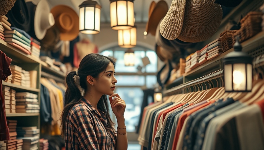 Young woman practicing responsible splurging in vintage clothing store.