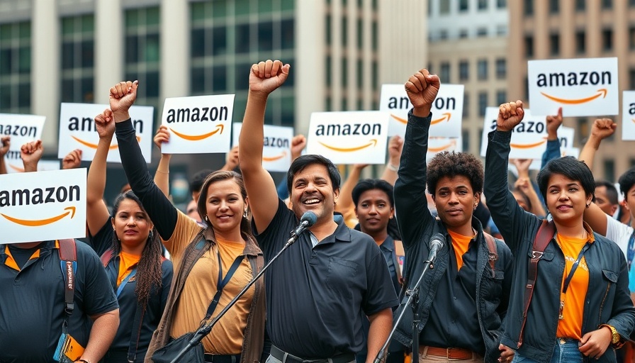 Union documentary Amazon workers rally with protest signs.