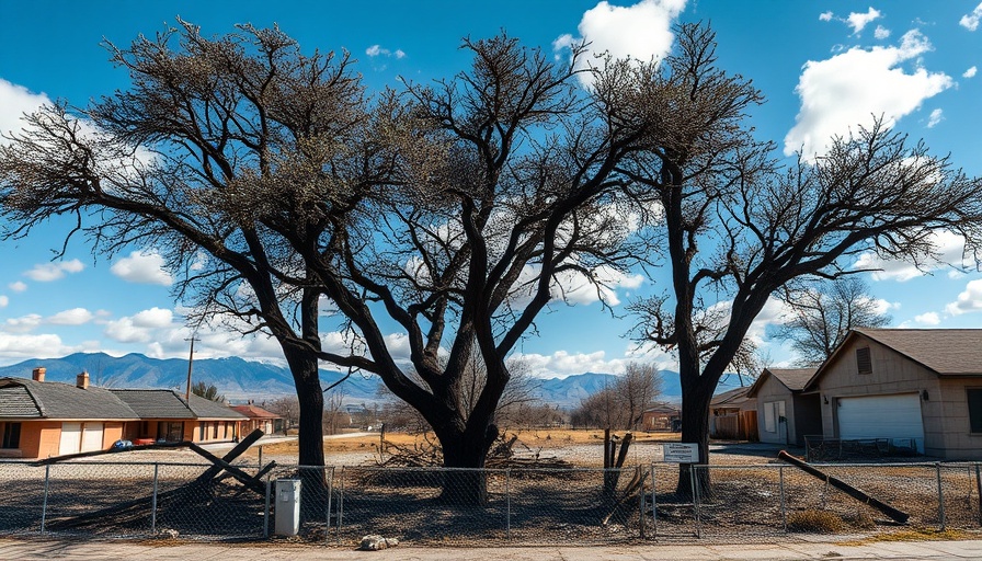 Altadena community fire recovery area with charred trees and debris.