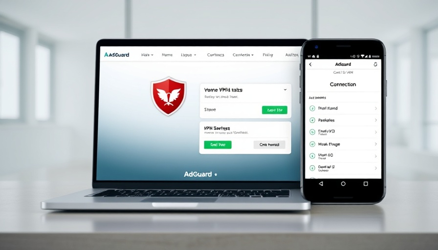 Affordable AdGuard VPN Protection interface on laptop and phone.