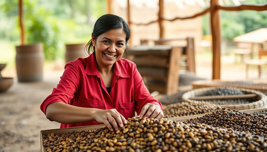 Smiling woman sorting coffee beans, highlighting Excelsa bean coffee crisis.