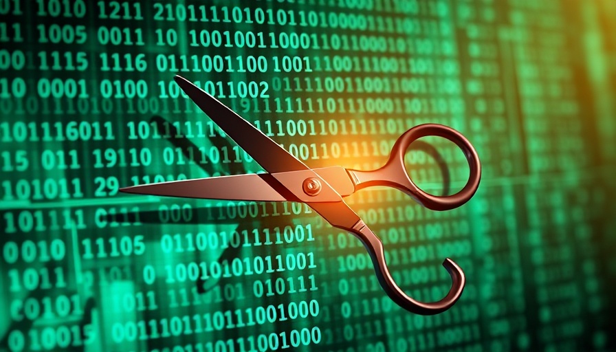 Illustration of digital scissors cutting binary, symbolizing tech layoffs 2025.