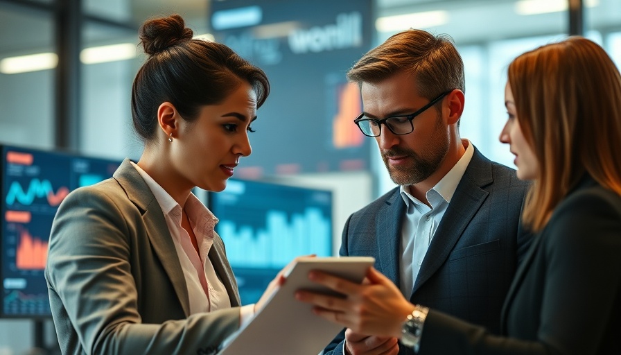 Professionals discussing data charts in a modern office setting.