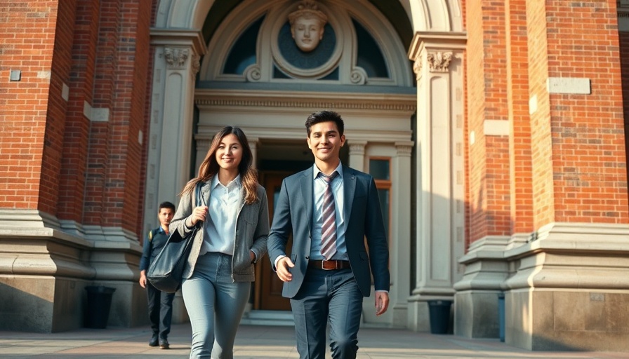 Three students at grand university entrance symbolizing MBA job market challenges.