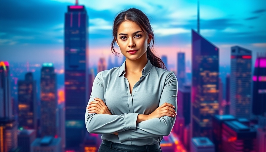 Confident woman in digital art style with vibrant cityscape.