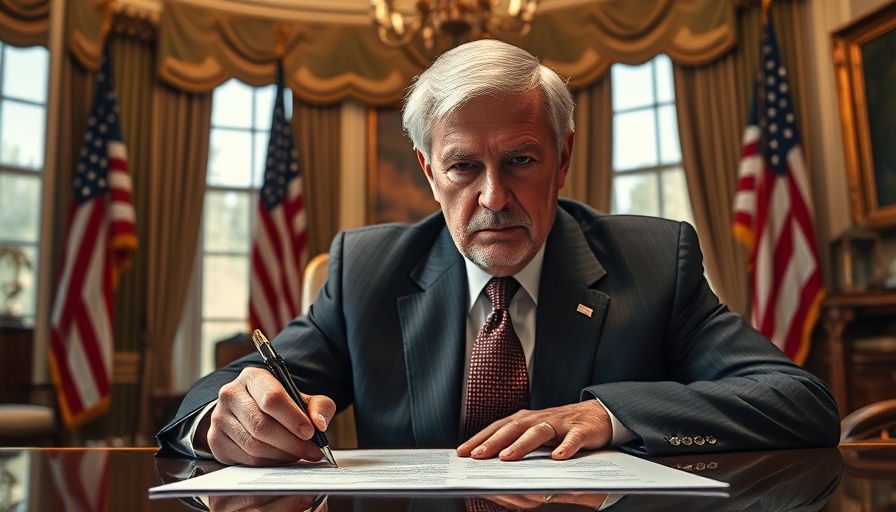 Elderly man signing document in an official setting related to 25% tariffs.