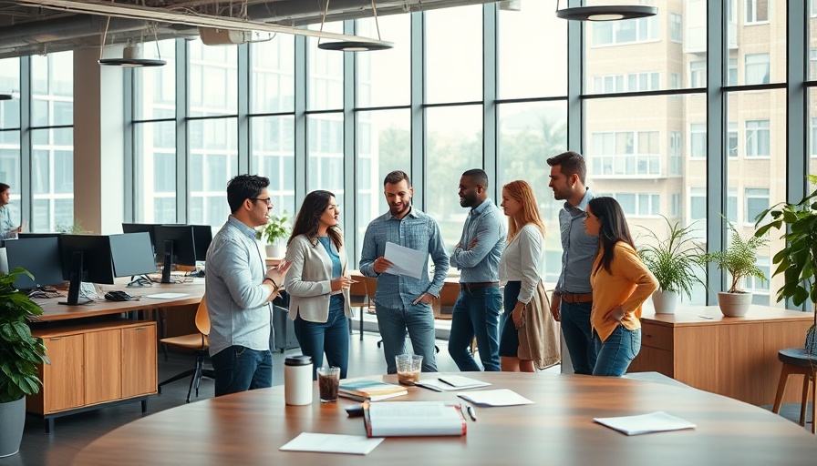 Diverse team collaborating in modern office, promoting efficiency.