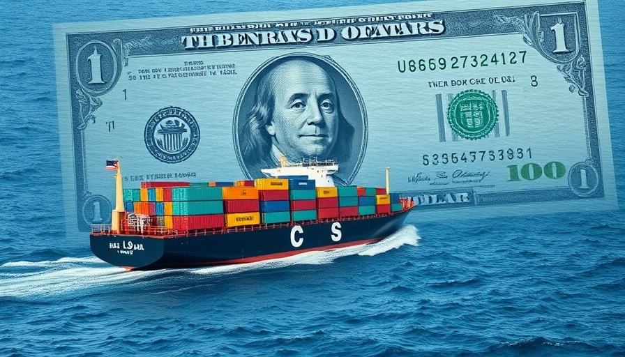 Surreal cargo ship with dollar backdrop depicting trade war impact.