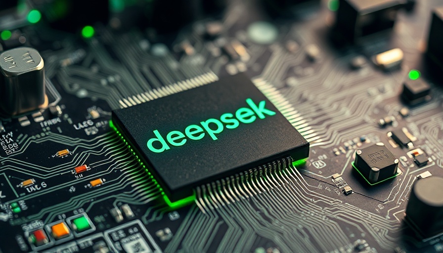 DeepSeek AI microchip on a circuit board, green tint.