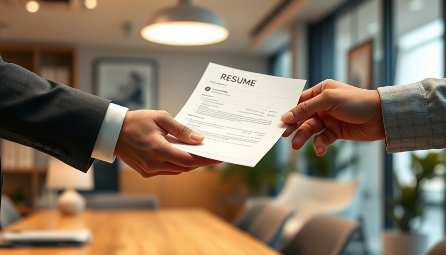 Close-up of hands exchanging a resume in an office setting.