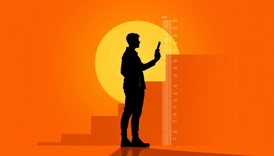 Silhouette of person observing growth chart bars on orange background.