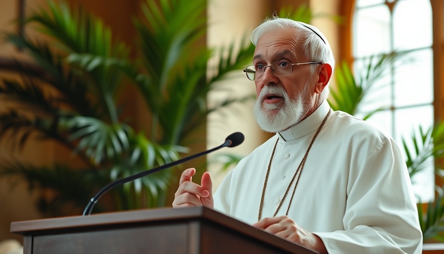 Pope Francis climate advocacy speech in a green setting.