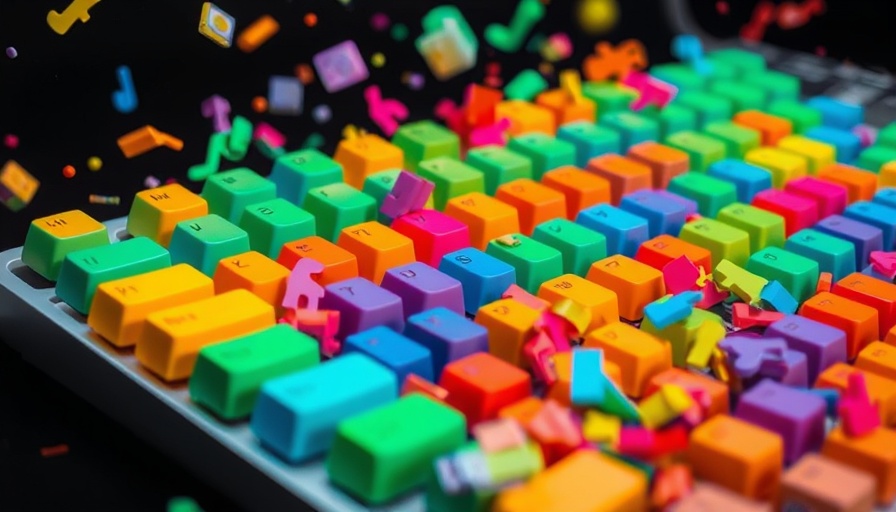 Deconstructed keyboard in vibrant abstract style, Apple hardware innovations.