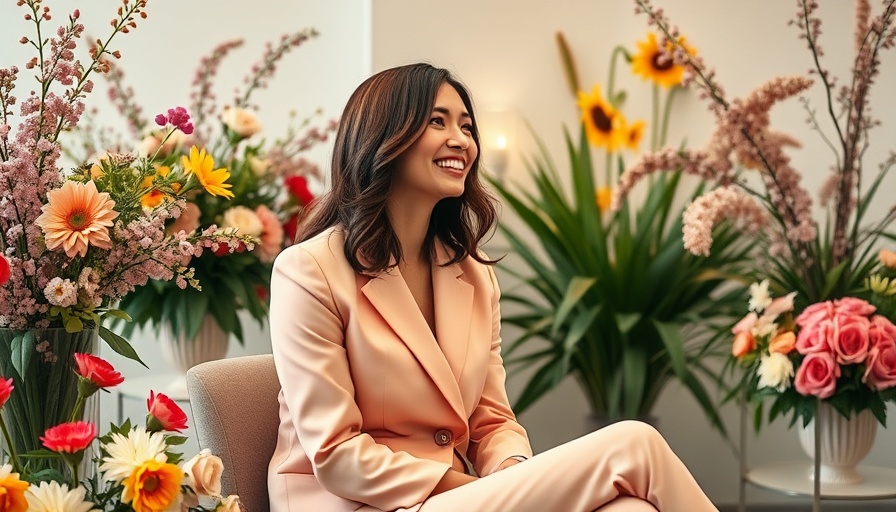 Smiling woman in peach suit on a modern floral set.