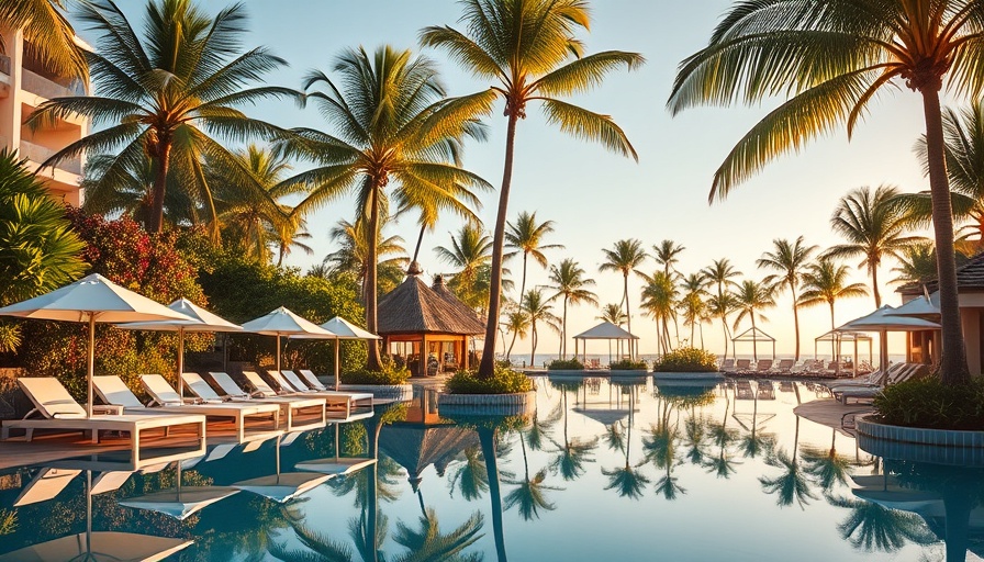 Luxurious tropical resort poolside at dusk for Google travel booking.