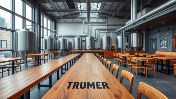 Trumer Taproom with outdoor seating and fermenters.