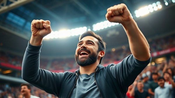 Cheerful man celebrating in stadium, 49ers offseason strategies