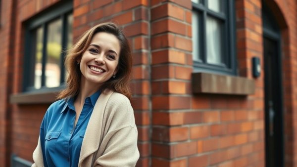 Smiling woman in blue shirt leaning against red brick wall