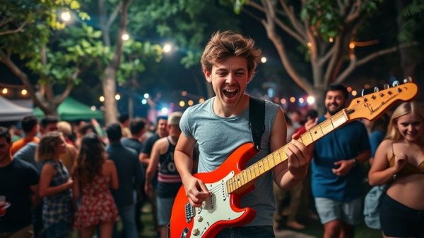 Young musician energizes party crowd with electric guitar performance.