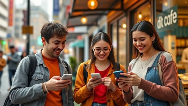 Young adults using smartphones demonstrating local business marketing trends in 2026.