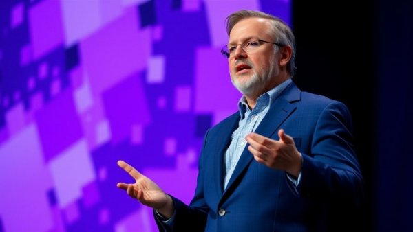 Speaker in blue suit presenting against a vibrant purple backdrop