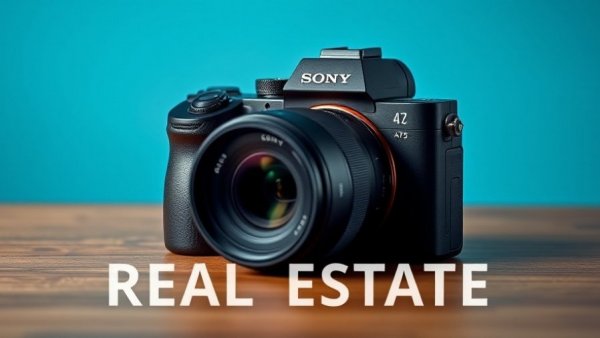Sony A75 camera highlighted for real estate photography on blue background.
