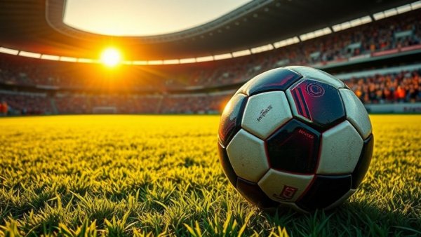 Soccer ball on field in vibrant stadium during sunset.