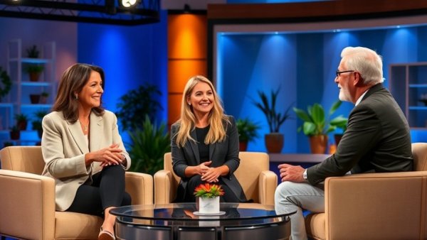 Talk show discussion on modern set with ambient lighting.